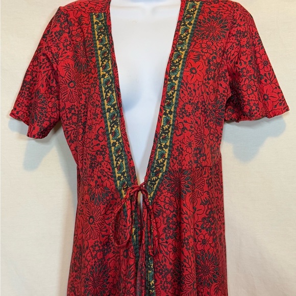 B-82 Aller Simplement Red & Black Floral Short Sleeve Tie Front Long Suit Jacket - Picture 3 of 12